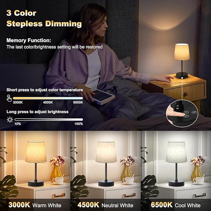 Small Cordless Table Lamp,5000mAh Rechargeable Battery Operated Desk Lamp,3 Colors & 7 RGB Stepless Dimmable, Portable Touch Fabric Shade LED Night Light for Bedroom Restaurant Home(Flaxen)