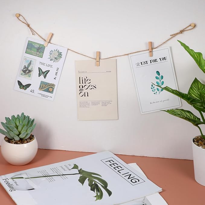 32.8 Ft Hanging Photo Display String with 50 Clips, Boho Picture Frame Wall Decor Banner Art Holder String for Bedroom Room Dorm Cubicle Office Decor