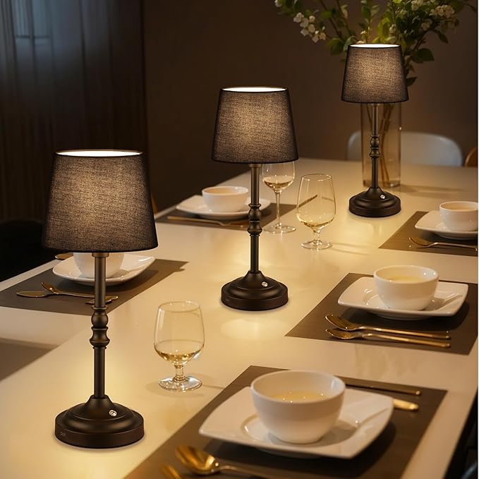 GGOYING Set of 2 Rechargeable Cordless LED Table Lamps, 4-Level Dimmer, Black Portable Desk Lamps with Black Fabric Shades, Night Light for Dining, Bedroom and Patio