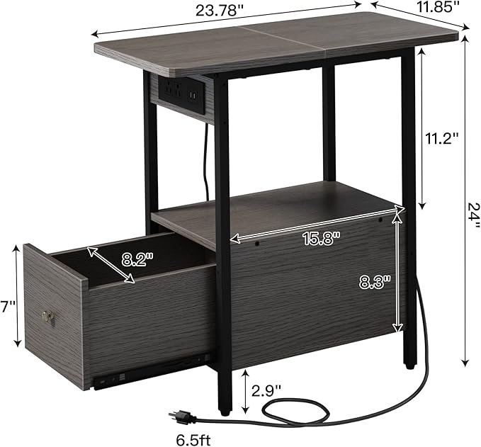 LIDYUK End Table with Charging Station, Narrow Side Table with Drawer and USB Ports & Power Outlets, Nightstand Bedside Tables for Small Spaces, Bedroom, Living Room, Dark Grey, Set of 2