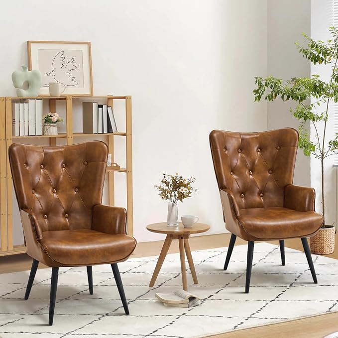 Furnimart Accent Chairs Set of 2, Brown PU Leather Reading Armchair with High Backrest, Wingback Corner Chair Mid Century Modern for Living Room, Bedroom, Waiting Room
