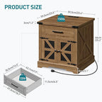 Walnut Farmhouse End Table with Charging Station, 24" Large Sofa Side Table with Drawer, Large End Table for Living Room, Wooden Nightstand with Outlet, Square, Walnut