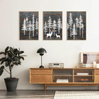 Modern White Forest Framed Canvas Wall Art Set, Minimalist Woodland Art Painting, Retro Tree Landscape Wall Decor, Wildland Deer Artwork for Living Room, Dining Room, Office - 16"x24"x3