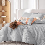 MUXHOMO 7 Pieces Queen Comforter Set, Seersucker Bed in a Bag Queen Size, All Season Luxury Bedding Set with Comforter, Flat Sheet, Fitted Sheet, Pillowcases & Shams, Light Grey