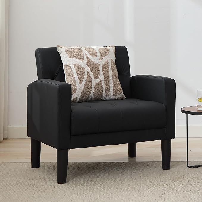 TYBOATLE Accent Chair Comfy Living Room Chair Black Leather Tufted Mid Century Modern Accent Chairs Small Cozy Reading Arm Chair for Office, Bedroom (1, Black)