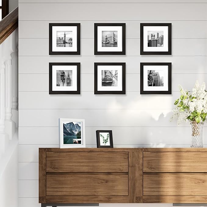 8x8 Picture Frames with Real Glass, Black Wooden Square Photo frame Set of 3, Displays 4x4 Picture With Mat or 8x8 Without Mat, Desktop & Wall Collage Frame set