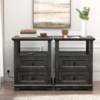 End Table with Fast Charging Station Set of 2, 18" Wide Sofa Side Table with Drawers, Large Storage Rustic Wood Square Storage Cabinet for Living Room