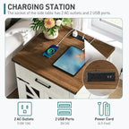 White Farmhouse End Table with Charging Station, 24" Large Sofa Side Table with Drawer, Large End Table for Living Room, Wooden Nightstand with Outlet, Square, White and Walnut