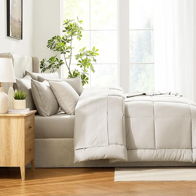 CozyLux Twin Comforter Set with Sheets Beige, 5 Pieces Bed in a Bag, Beige Comforter Twin Size, All Season Bedding Set with Stitch Quilted Comforter, Flat Sheet, Fitted Sheet, Pillowcases