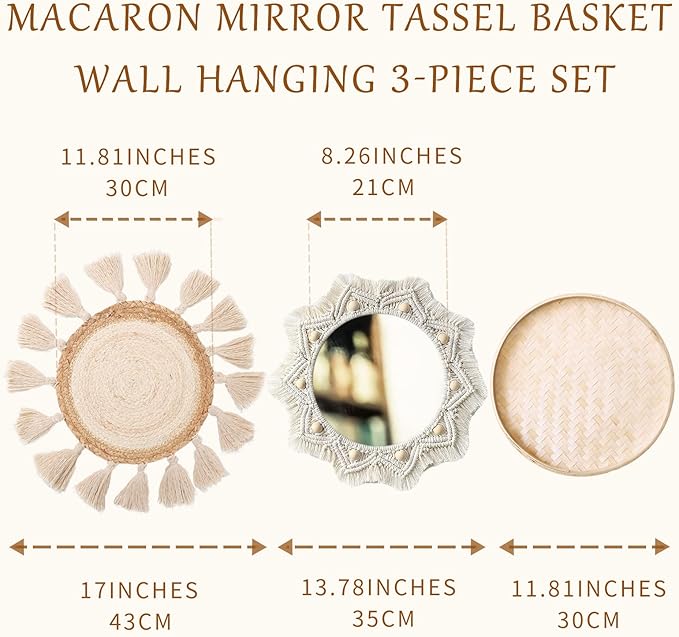 Boho Wall Basket Decor Set - Flat Woven Macrame Tapestry, Mirror White Round Tassels, Handmade Rattan Wicker Seagrass Wall Basket