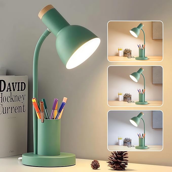 LED Desk Lamp with Pen Holder, Eye-Caring Desk Light 3 Color Modes Reading Light Flexible Gooseneck Metal Study Lamp, Cute Table Lamps for Home Office Bedside Dorm (Green Lamp)