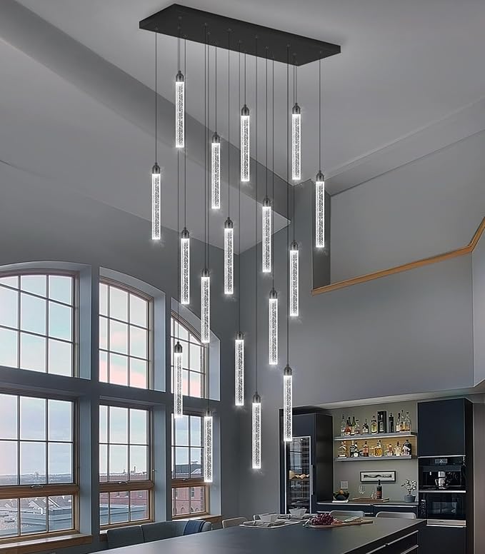 Rectangular Chandeliers 17-Lights Long Light for Entryway LED Dimmable Chandeliers Lighting Fixture Flat Sloped High Ceiling Pendant Lights Crystal for Living Room Foyer Hallway Staircase Black