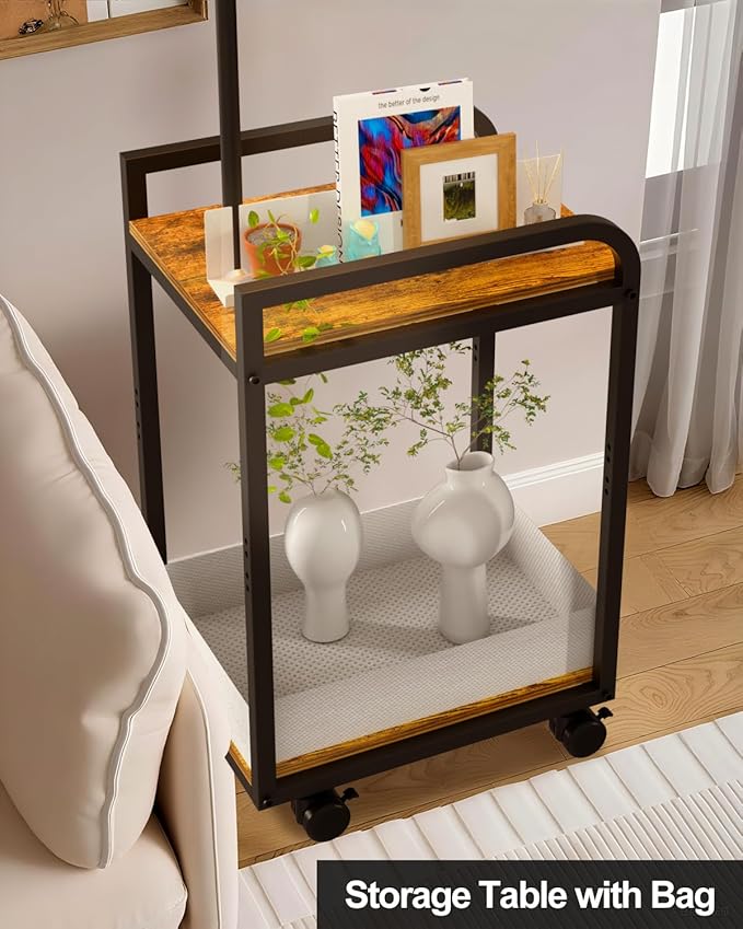 Lightdot 63IN Floor Lamps with Storage Table&Basket, Modern Standing Tall Lamps with Adjustable Fabric Lampshade and Movable&Fixed Casters, Coner End Table Lamp for Living Room/Bedroom/Office-Black