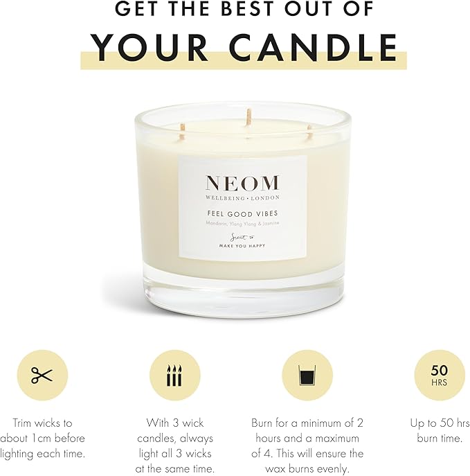 NEOM- Limited Edition Feel Good Vibes Candle |Mother's Day | Gift | Mandarin, Ylang Ylang & Jasmine (3 Wick)
