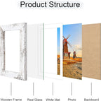 5x7 Picture Frame Set of 4, 5 x 7 Wood Photo Frames with Mat for 4x6, Rustic Natural Wooden Frame with Real Glass Cover for Wall and Tabletop Display,Distressed White