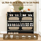 Nicetree Freestanding Arched Rattan Accent Ultra Slim Shoe Cabinet for Entryway - 4 Flip Drawers & 3-Tier Adjustable Shelves, Farmhouse Modern Rustic Shoe Rack for Hallway, Foyer, Living Room