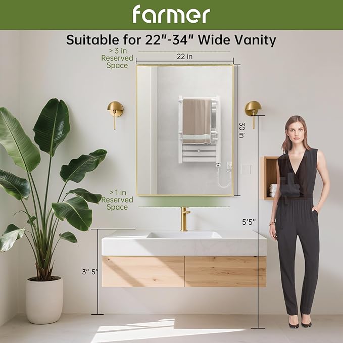 FARMER 22x30 Inch Gold Bathroom Mirror, Rectangle Wall Mounted Mirror, Vanity Mirror, Brushed Square Mirror, Framed Bathroom Mirror for Bedrooms, Entryways, Living Rooms, Horizontal/Vertical
