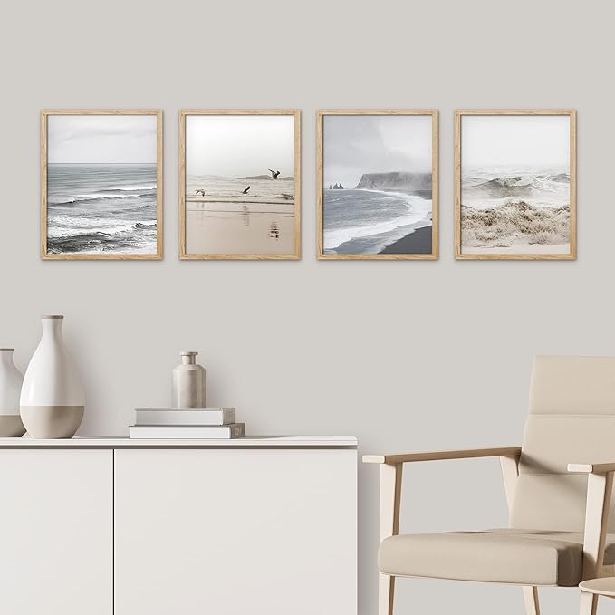 SIGNWIN Framed White Minimal Ocean Beach Seashore Coastals Wall Art, Set of 4 Landscape Colorful Wall Decor Prints, Nature Wilderness Wall Décor for Living Room, Bedroom - 11"x14" Natural