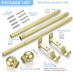 Curtain Rods for Windows 16 to 48 Inches, Curtain Rod Max Adjustable Length of 60 IN, 6/8" Diameter Drapery Rods Round Finials, Warm Gold, Pack of 2