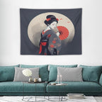 Japanese Woman Geisha Tapestry Asian Red Cherry Blossom Red Sun Traditional Kimono Folk Tapestries Home Decor for Living Room Bedroom Apartment Farmhouse Dorm 40"x30"