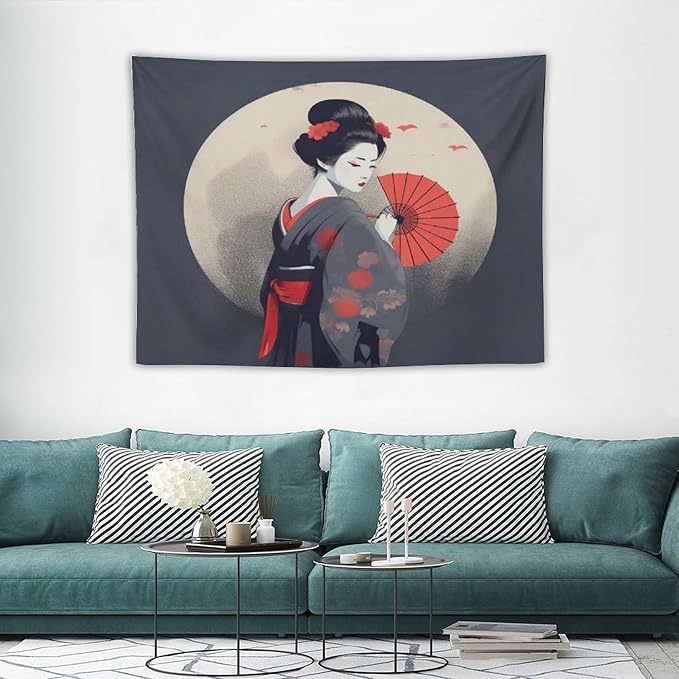 Japanese Woman Geisha Tapestry Asian Red Cherry Blossom Red Sun Traditional Kimono Folk Tapestries Home Decor for Living Room Bedroom Apartment Farmhouse Dorm 40"x30"