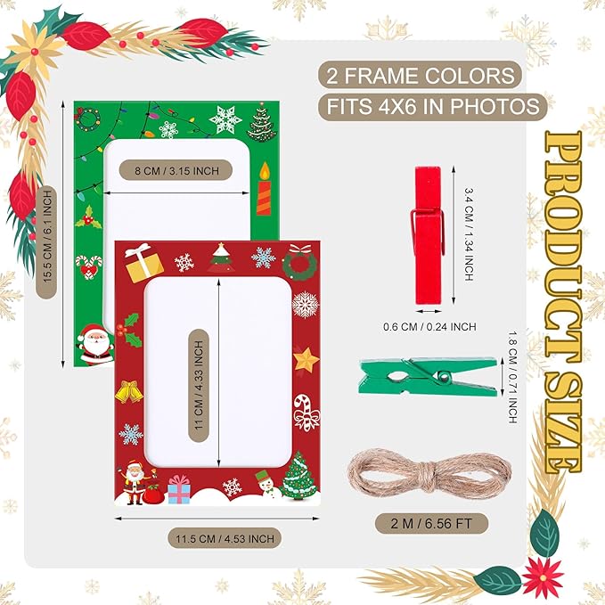Janlaugh 100 Pcs Christmas Paper Photo Frames 4x6 Red and Green Paper Picture Frame with 100 Clip 10 String Kit DIY Hanging Cardboard Photo Holder Christmas Wall Decor Wedding Home