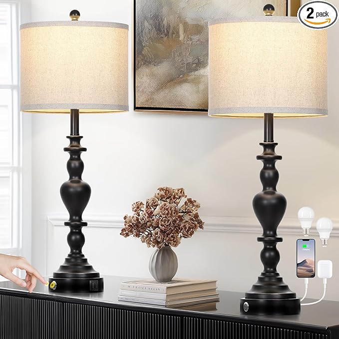 27" Vintage Table Lamps for Living Room Set of 2, Farmhouse Rustic Nightstand Lamps with USB C+A Ports, 3-Way Dimmable Bedside Lamp for Bedrooms Office Dorm, 2 LED Bulbs Included Washed Antique Black