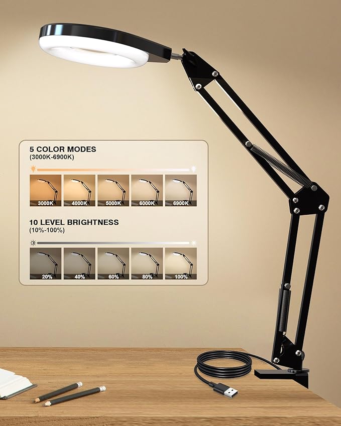 Magnifying Glass with Light, 10X & 5X Real Glass & Anti-Glare Lens, 5 Color Mode Stepless Dimmable LED Desk Magnifying Lamp, Hands-Free Desk Lamp with Clamp for Crafts Reading Repair Hobby (White)
