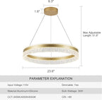 MADEM Modern Gold Led Pendant Light,36W Dimmable LED Chandelier Lighting Fixture, 1 Ring Circular Hanging Led Pendant Lighting for Living Room Dining Room Kitchen Island Foyer Office