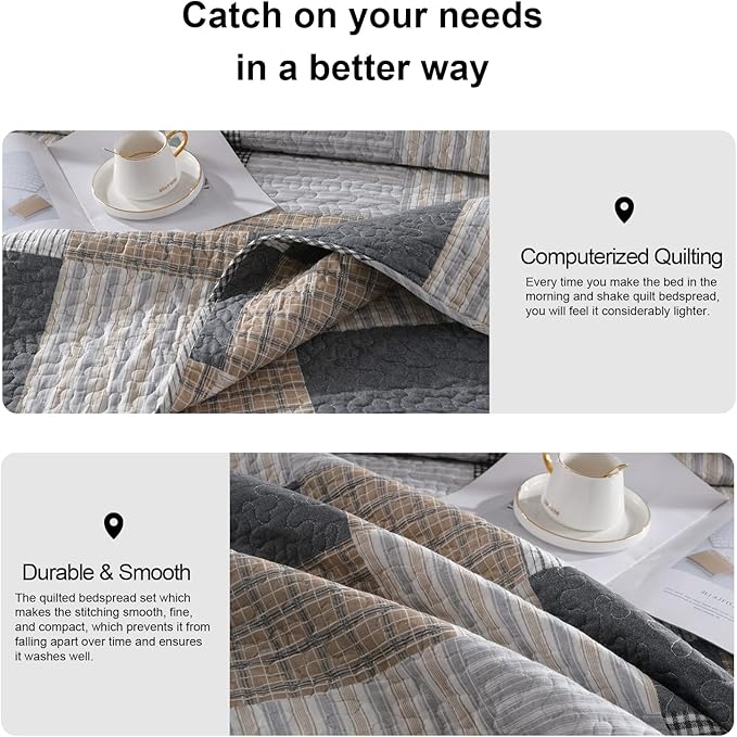 PANGUSHAN 100% Cotton Quilt Set Queen Size,Patchwork Plaid Bedding Set Bedspreads,Farmhouse Lightweight Comforter,Grey/Gray/Black/Tan/White/Cream Reversible Quilt for Queen Bed,3 Pieces
