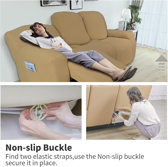 Easy-Going 8 Pieces Recliner Sofa Stretch Sofa Slipcover Sofa Cover Furniture Protector Couch Soft with Elastic Bottom Kids, Spandex Jacquard Fabric Small Checks Golden