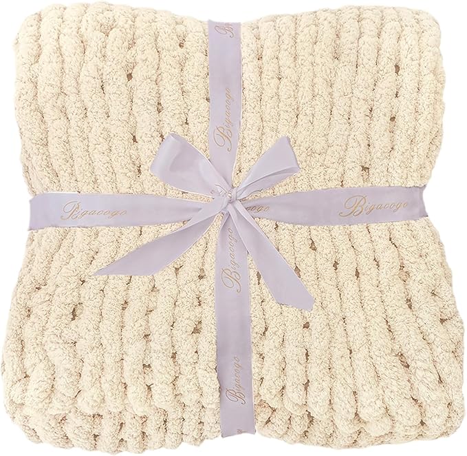 Bigacogo Chunky Knit Throw Blanket for Couch, 80x90 inches, 100% Hand Knitted with Thick Jumbo Chenille Yarn, Cozy Soft Large Rope Knot Cable Crochet Blankets for Sofa Bed Living Room, Beige
