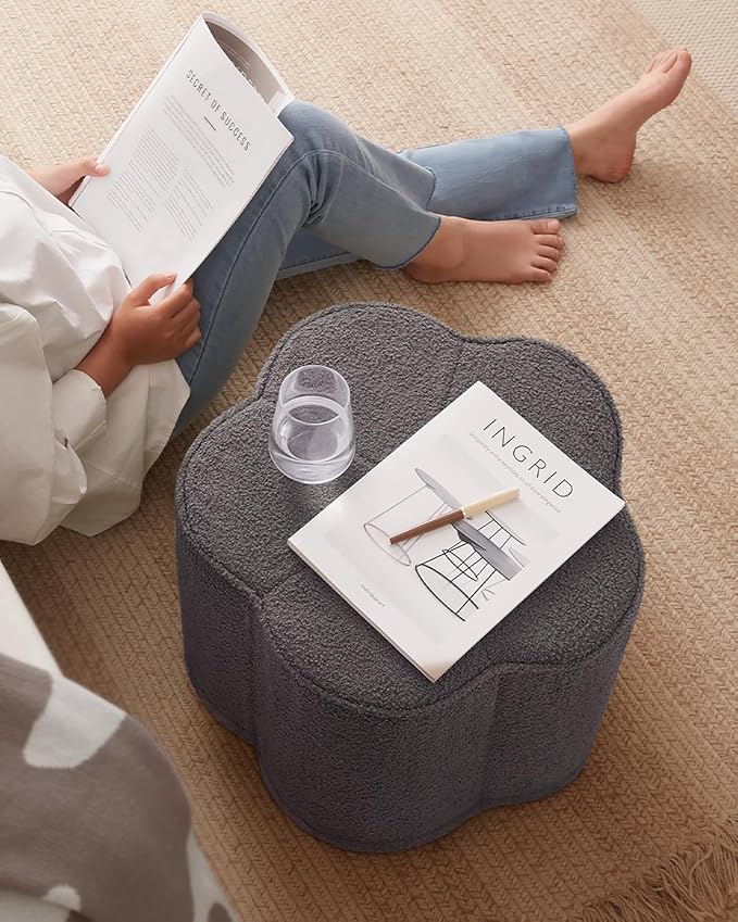 Blissful Diary Flower Pouf Ottoman, Comfy Floral Ottoman for Living Room, Bedroom, Kids Room, Charm Floor Pouf for Home Decor, Full Foam Filling Foot Rest for Couch, Dark Grey