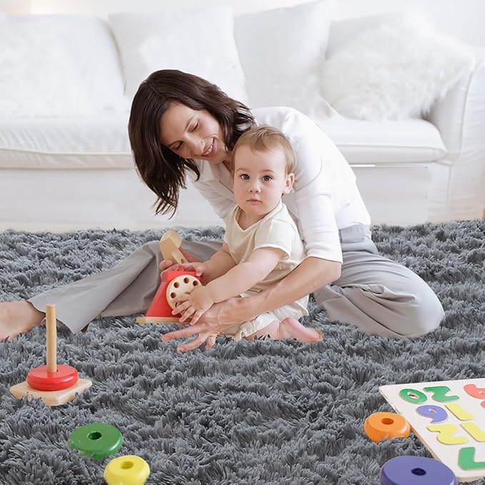 Area Rugs for Bedroom Living Room: 4x6 Grey Fuzzy Shag Shaggy Rug - Soft Plush Furry Bedside Dorm Throw Rug - Indoor Floor Carpet for Kids Girls Boys Home,Dark Gray