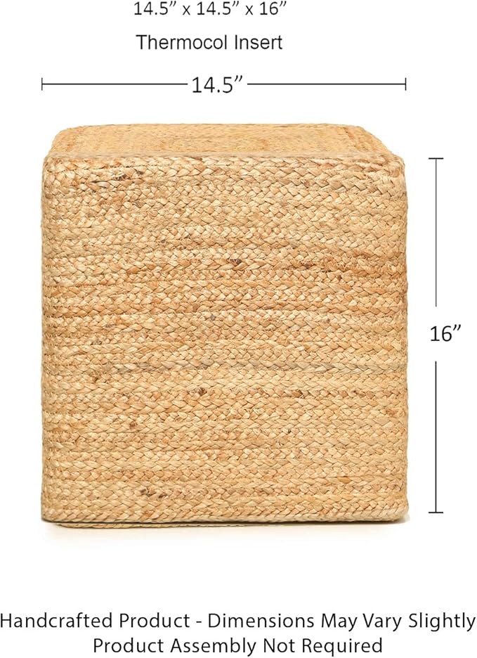 REDEARTH · Cube Pouf Foot Stool Ottoman - Jute Braided Pouffe Poof Accent Sitting Footrest for The Living Room, Bedroom, Nursery, Patio, Lounge & Other Rooms in The Home (14.5”x14.5”x16”; Natural)