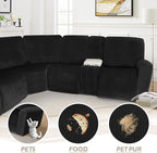 Arfntevss Sectional Recliner Couch Covers Velvet Washable Corner Sectional Sofa Cover for Reclining Couch Stretch Soft Thick L Shape Recliner Slipcover Set (5 Seat with 2 Console Cover, Black)