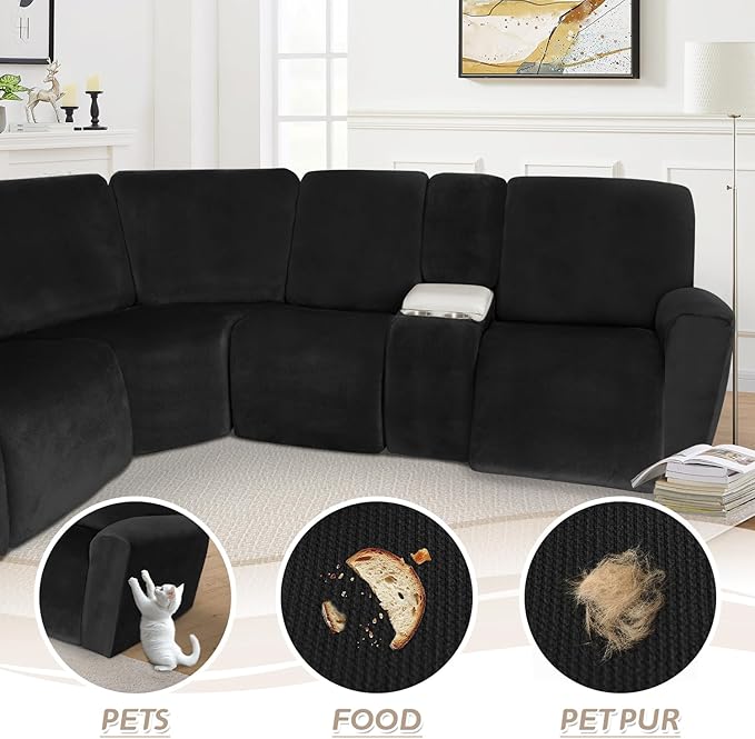 Arfntevss Sectional Recliner Couch Covers Velvet Washable Corner Sectional Sofa Cover for Reclining Couch Stretch Soft Thick L Shape Recliner Slipcover Set (5 Seat with 2 Console Cover, Black)