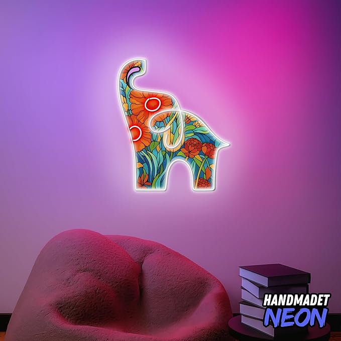 Personalized Floral Elephant Neon Sign, Custom UV Printed Flower Animal Decor Led Light, Flowers Wall Art Lights Signs, Decorative Gifts For Friends, Kids, Mom, Elephants Lovers