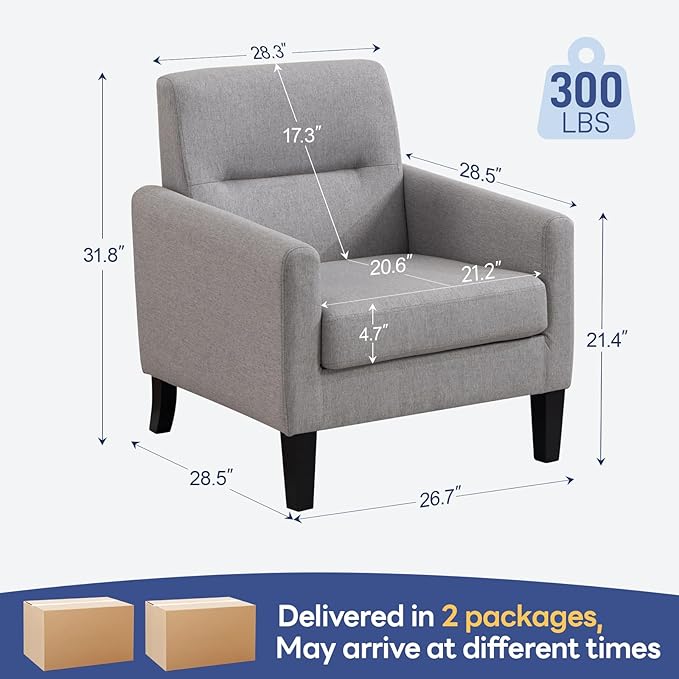 Accent Chairs Set of 2, Mid Century Modern Living Room Chairs Comfy Reading Chair with Upholstered Cushion Relax Armchair for Bedroom Apartment,Office,Light Grey