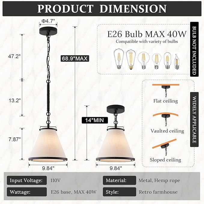 3-Pack Black Pendant Lights Kitchen Island Ceiling Pendant Light with Linen Lampshade 10in Transition Pendant Hanging Light with Chain for Kitchen Sink Entryway Hallway Dining Room