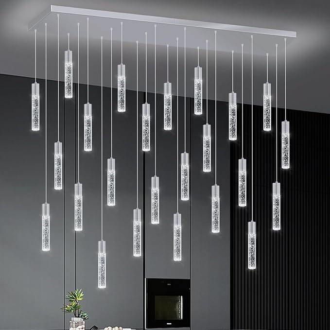 24-Lights Modern Crystal Chandeliers LED Pendant Light for Kitchen Island Dining Room Entrance Foyer Living Room Silver