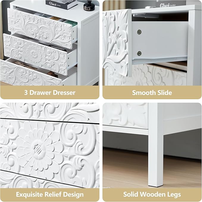 White 3 Drawer Dresser, Wide Chest of Drawers with Storage, Accent Nightstand Cabinet Luxury Carving Dresser for Bedroom Hallway Living Room Entryway Office (1, White)