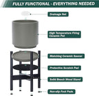 D'vine Dev Ceramic Planter with Ebony Stand - 8 Inch Modern Round Flower Pot with Wood Planter Holder, Grey, 55-B-M-3