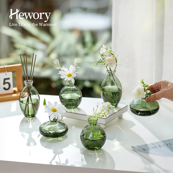Hewory Glass Bud Vases for Centerpieces: Set of 12 Cute Green Small Vases Handmade, Mini Flower Vase for Floral Arrangement, Tiny Decorations for Home Office Wedding Reception Party Events Table Decor