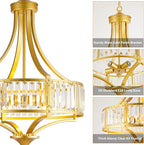 Modern Gold Crystal Chandelier, 20 Inch Large Ceiling Pendant Light Fixture with 50'' Adjustable Hanging Chain, 5-Light Farmhouse Chandelier for Dining Room, Living Room, Bedroom, Entryway