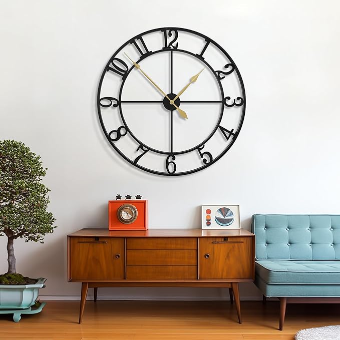 LEIKE Extra Large Wall Clocks,Silent Little Ticking,Battery Operated Vintage Round Modern Metal Wall Clock for Living Room, Bedroom,Farmhouse,Office Home Decor-32 Inch(Black-Arabic Number)