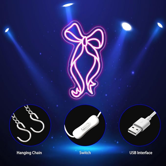 Bow Neon Sign, Neon Signs for Wall Decor Neon Pink Ribbon Bow LED Signs Room Neon Light Up Signs Home Decor for Bedroom Club Party Bar Shop USB Operated