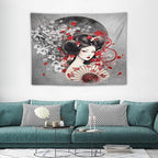Japanese Geisha Tapestry Asian Red Cherry Blossom Red Sun Traditional Kimono Folk Tapestries Home Decor for Living Room Bedroom Apartment Farmhouse Dorm 40"x30"