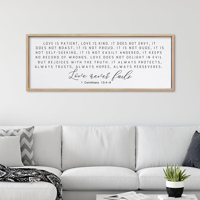 ZZJJHYWGQ Love is Patient Love is Kind Wall Decor 40"X15" Corinthians 13 Large Bible Verse Quote Sign for Above Bed Hanging Wood Framed Wall Art (Wood