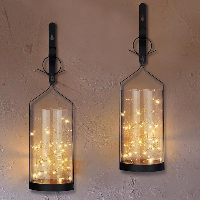 Metal Wall Sconce 35 Led Lantern Set of 2 - Black Wall Mounted Hanging Holder with Glass & Candles Vintage Wall Decor for Porch, Living Room, Dining Room, Bedroom Indoor Decor